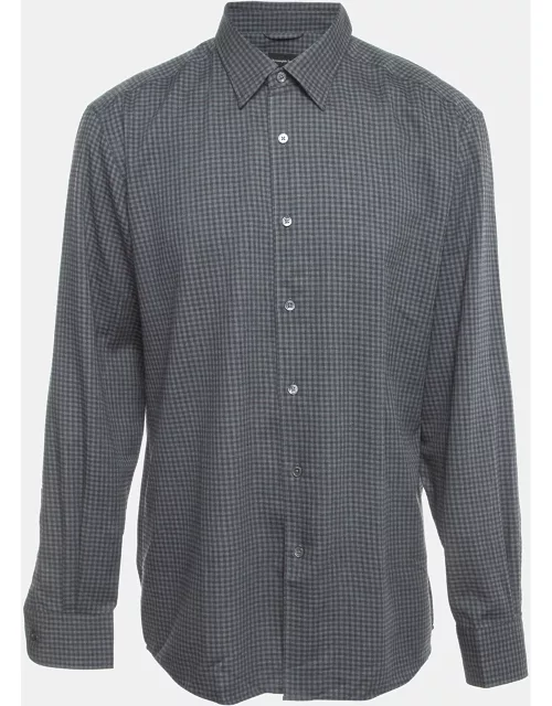 Ermenegildo Zegna Grey Checked Cotton Blend Button Front Shirt