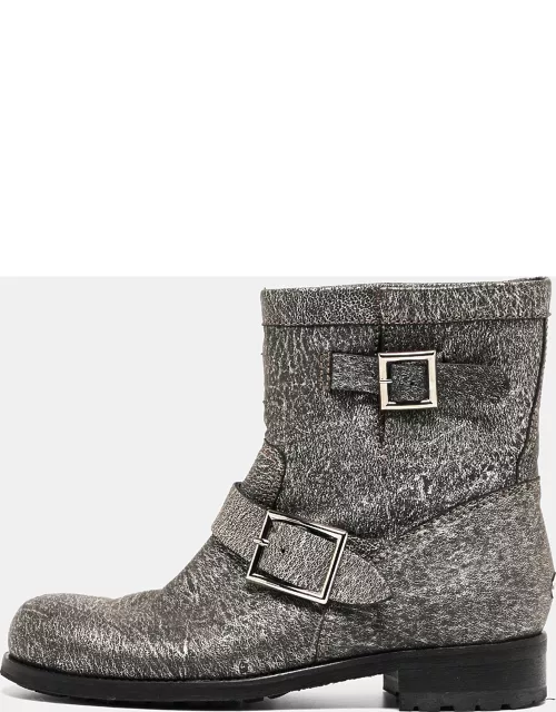 Jimmy Choo Grey Textured Leather Buckle Detail Ankle Boot