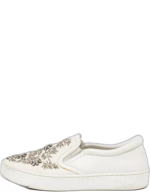 Dior White Leather and Canvas Crystal Embellished Slip On Sneaker