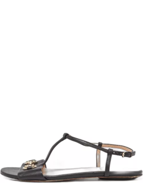 Gucci Black Leather Horsebit T-Strap Flat Sandal