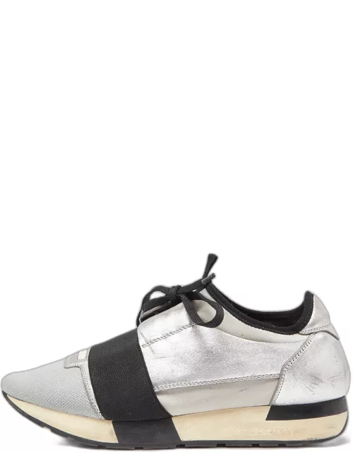 Balenciaga Silver/Black Leather and Knit Fabric Race Runner Sneaker