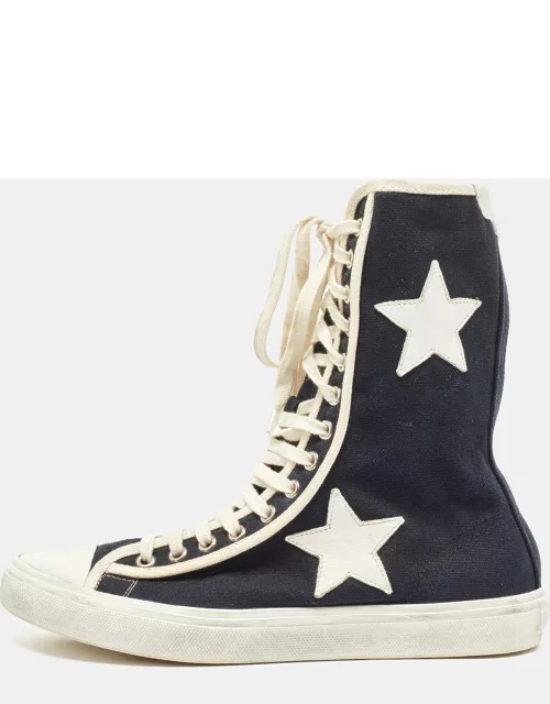 Saint Laurent Black/White Canvas and Leather Star Applique High Top Sneaker
