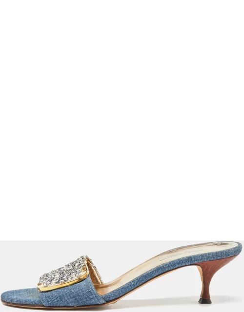 Dolce & Gabbana Blue/White Tweed and Denim Slide Sandal