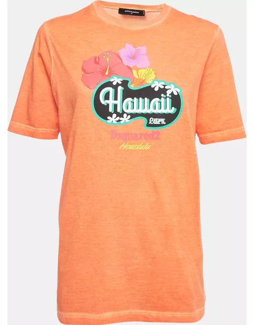 Dsquared2 Orange Hawaii Print Cotton Crew Neck T-Shirt