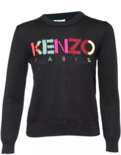 Kenzo Black Wool Knit Logo Intarsia Knit Sweater