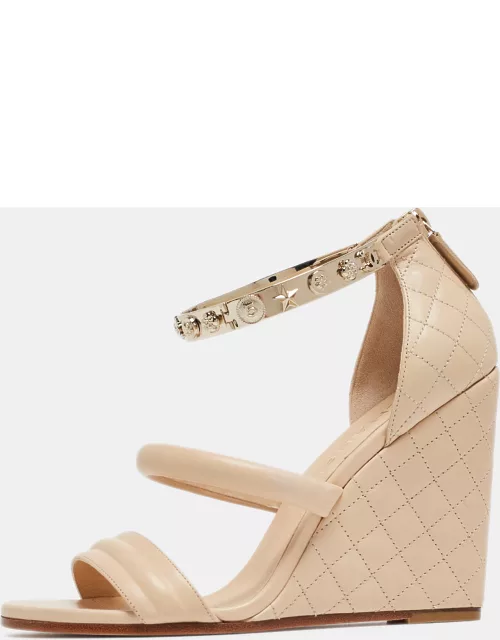 Chanel Beige Quilted Leather Charm Embellished Ankle Cuff Wedge Sandal