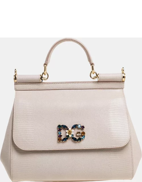 Dolce & Gabbana Beige Lizard Embossed Leather Crystal DG Logo Small Miss Sicily Bag