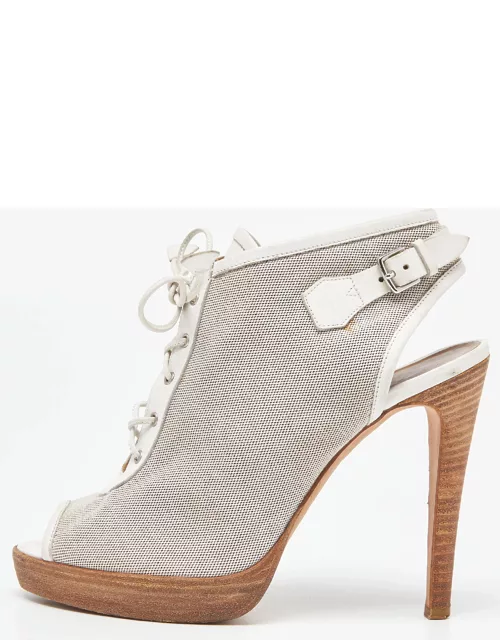 Hermes Grey/White Canvas and Leather Peep Toe Lace Up Slingback Bootie