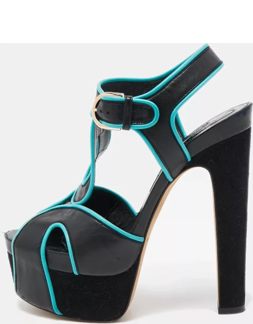 Brian Atwood Black/Blue Leather Platform Ankle Strap Sandal