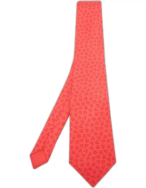 Hermes Red Clover Leaf Print Silk Traditional Tie