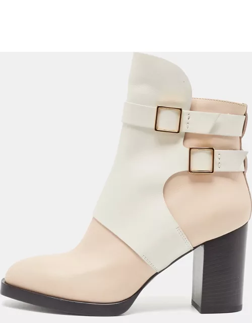 Tod's White/Beige Leather Buckle Detail Block Heel Ankle Boot