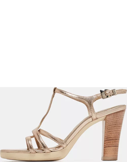 Tod's Gold Leather T-Bar Ankle Strap Sandal