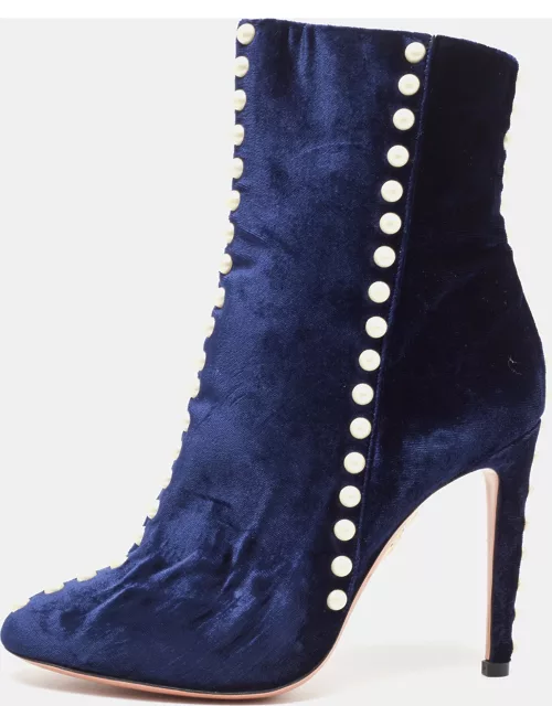 Aquazzura Blue Velvet Follie Pearls Ankle Length Boot