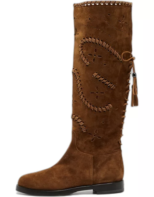 Le Silla Brown Laser Cut Suede Whipstitched Knee Length Boot