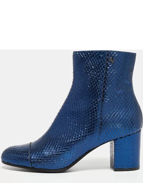 Zadiq & Voltaire Blue Python Embossed Leather Block Heel Ankle Boot