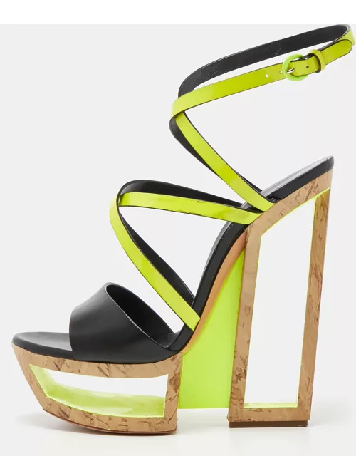 Casadei Black/Neon Yellow Leather and Patent Cork Wedge Platform Strappy Sandal