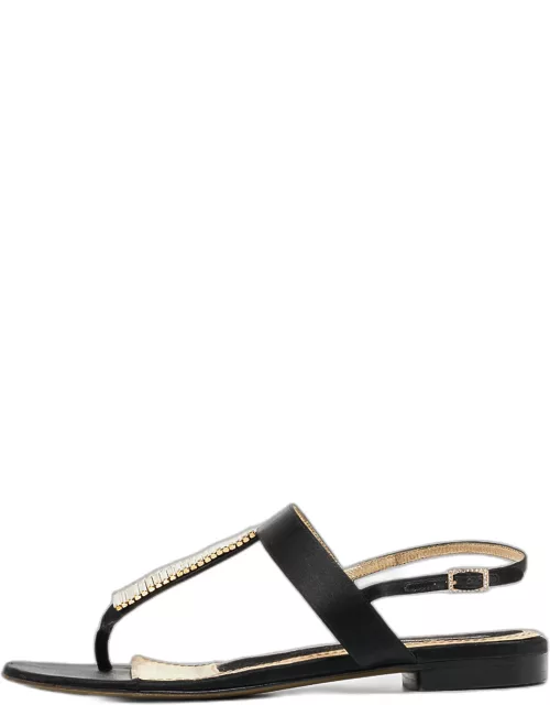 Dolce & Gabbana Black Satin Crystal Embellished Thong Flat Sandal