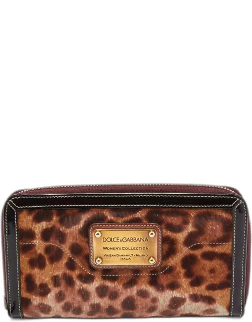 Dolce & Gabbana Brown Leopard Print Calfhair and Patent Leather Zip Around Continental Wallet
