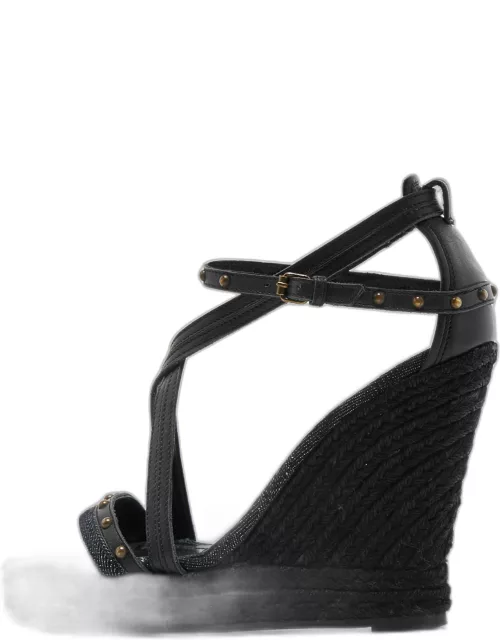 Burberry Black Leather and Denim Studded Platform Wedge Sandal