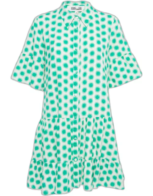 Diane Von Furstenberg Cream/Green Print Cotton Button Front Mini Dress