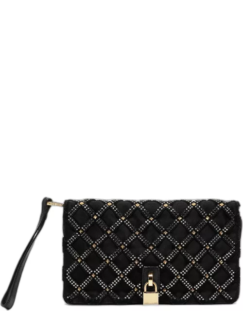 Marc Jacobs Black Suede and Satin Crystals Embellished Flap Clutch