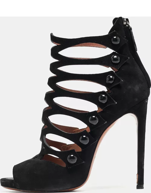 Alaia Black Suede Open Toe Caged Ankle Sandal