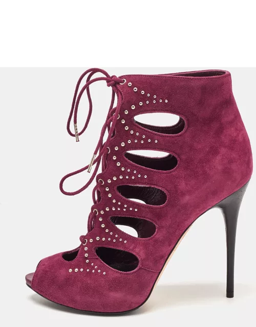 Alexander McQueen Burgundy Suede Cut Out Embellished Lace Up Sandal