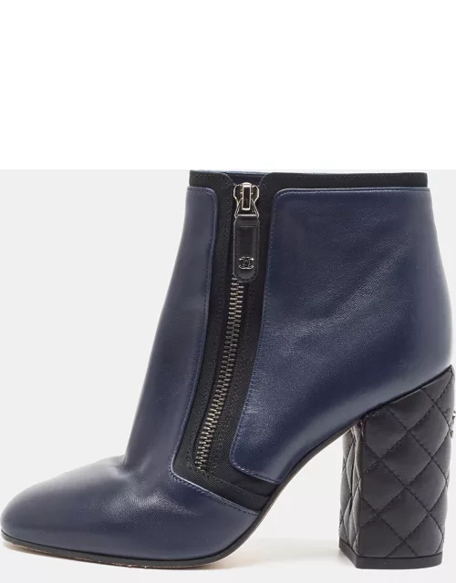 Chanel Blue Leather CC Block Heel Ankle Boot
