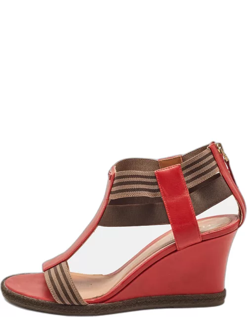 Fendi Red/Brown Leather and Elastic T-Strap Espadrille Wedge Sandal