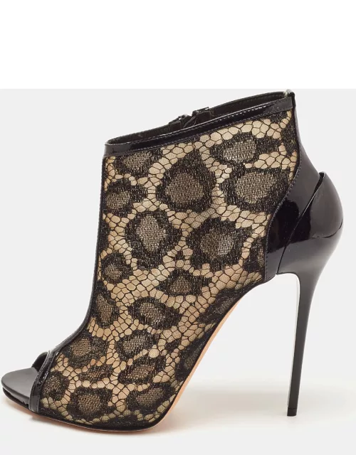 Alexander McQueen Black Lace and Patent Leather Peep Toe Bootie