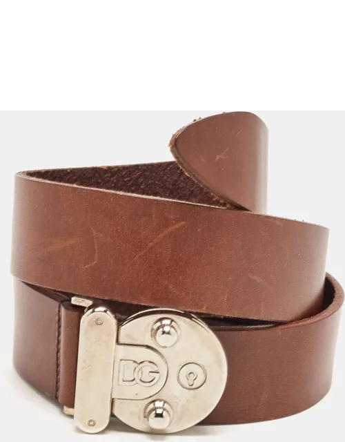 Dolce & Gabbana Brown Leather Round Logo Plague Belt 85C