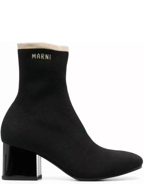Marni Black Ankle Boot In Leather With Medium And Wide Heel Ecru-colored Detail