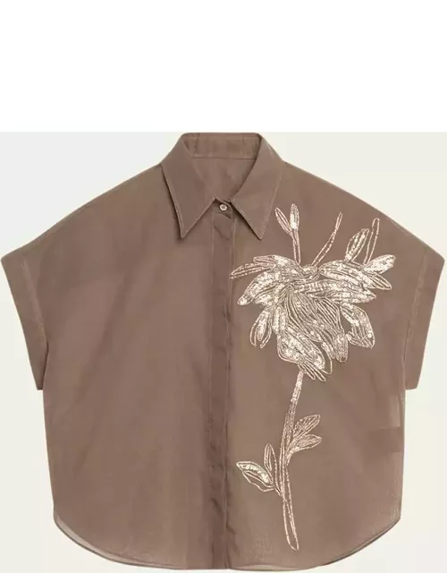 Crispy Silk Button-Front Top with Magnolia Embroidery