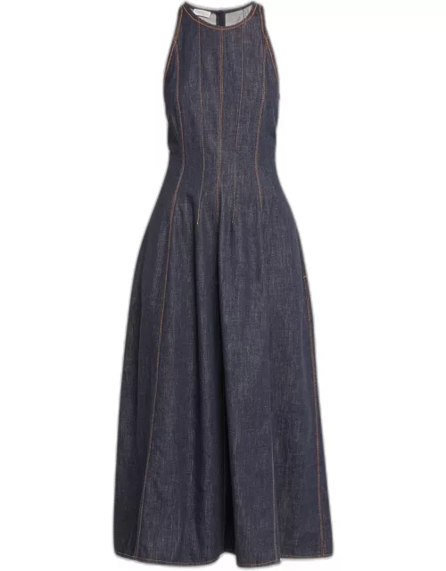 Glossy Denim Structured Midi Dress with Contrast Stitching