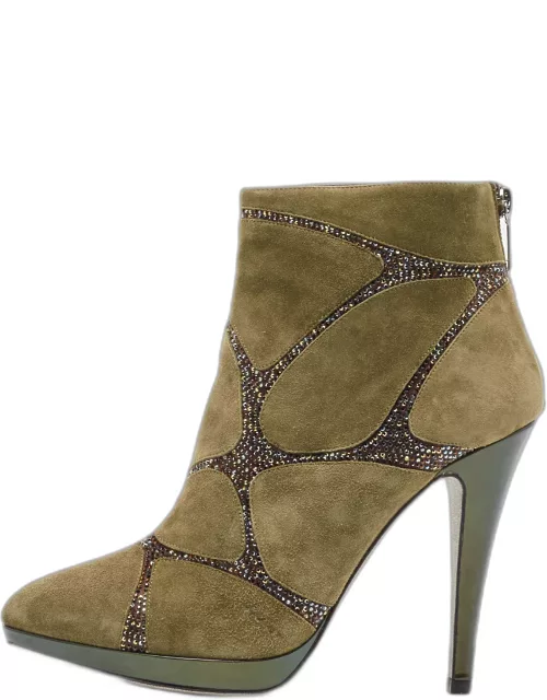 René Caovilla Green Suede Crystal Embellished Ankle Boot