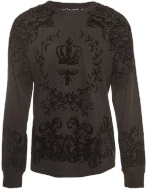 Dolce & Gabbana Dark Grey Bee Crown Flock Print Cotton Jumper