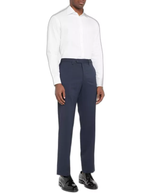 Basic Wool Flat-Front Trousers, Navy Blue