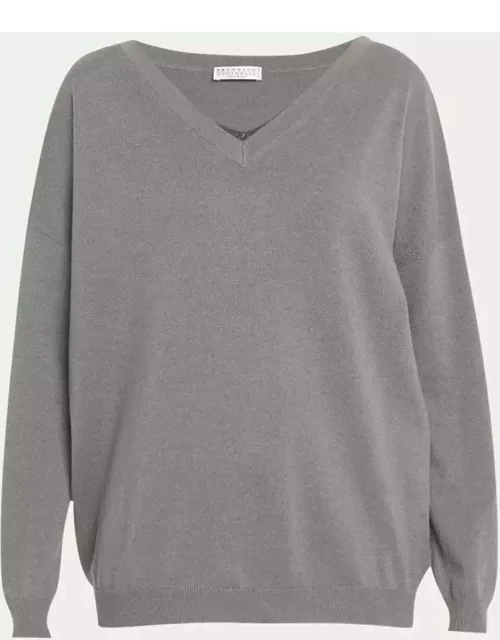 Monili-Insert V-Neck Long-Sleeve 2-Ply Cashmere Sweater