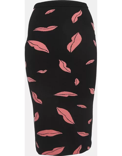 Diane Von Furstenberg Black/Pink Lips Patterned Knit Pencil Skirt
