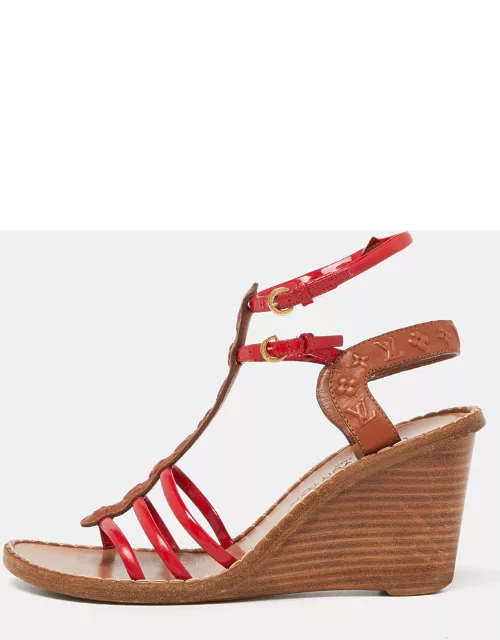 Louis Vuitton Brown/Red Monogram Embossed Leather and Patent T-Strap Wedge Sandal