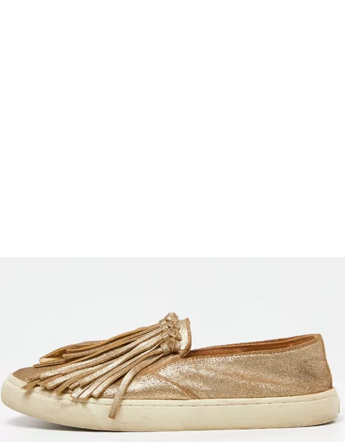 Tory Burch Gold Textured Suede Fringe Detail Slip On Sneaker