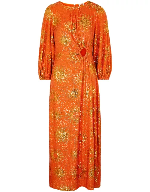 Farm Rio Sunny Mood Sequin-embellished Midi Dress - Orange - S (UK8-10 / S)