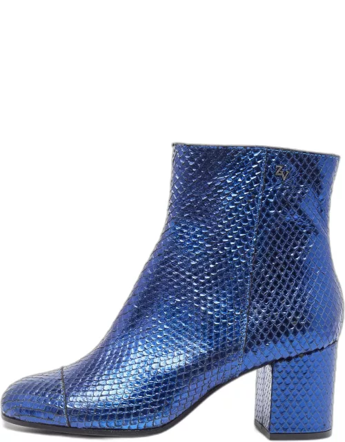 Zadiq & Voltaire Blue Python Leather Block Heel Ankle Boot