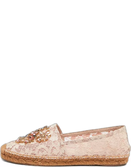 Dolce & Gabbana Pink Lace Crystal Embellished Espadrille