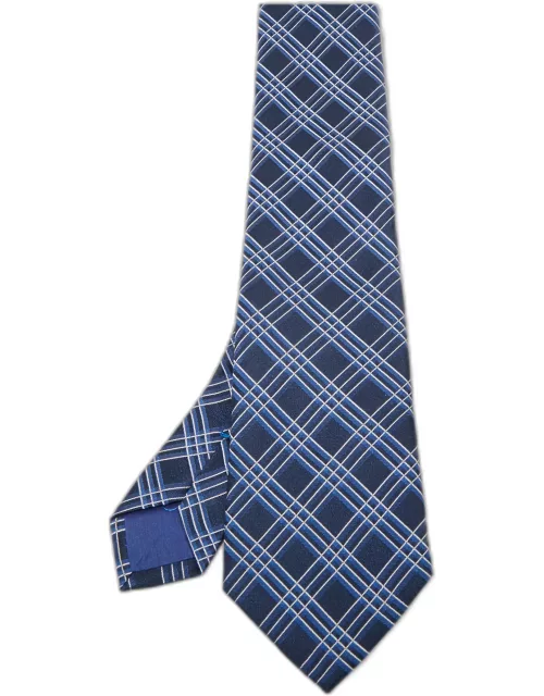 Boss by Hugo Boss Navy Blue Check Patterned Silk Tie