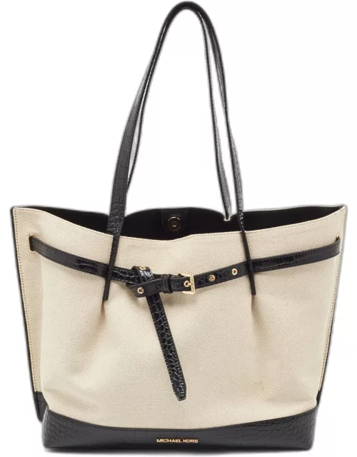Michael Kors Off-white Canvas And Croc Embossed Leather Large Emilia Tote