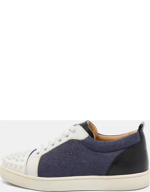 Christian Louboutin Blue/White Denim and Leather Spikes Low Top Sneaker