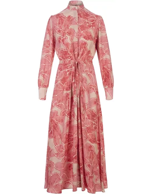 Kiton Pink Printed Silk Long Dress With Belt