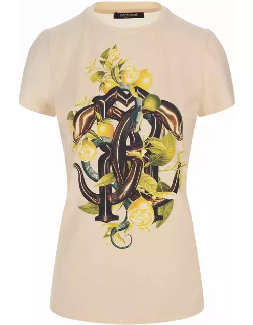 Roberto Cavalli Ivory T-shirt With Lemons And Snake Print