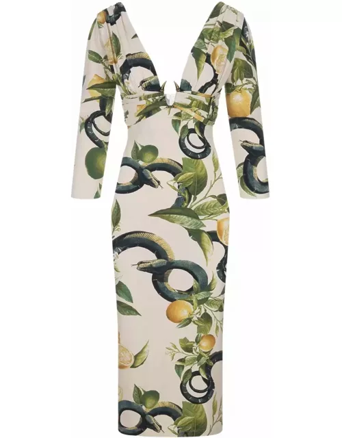 Roberto Cavalli Ivory Midi Dress With Lemons Print